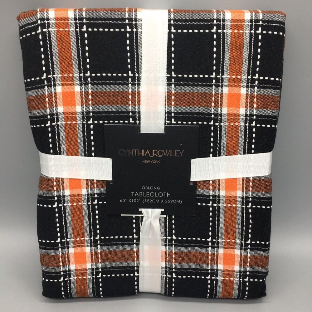Cynthia Rowley Halloween Black Plaid Tablecloth Cotton Orange White 60x102